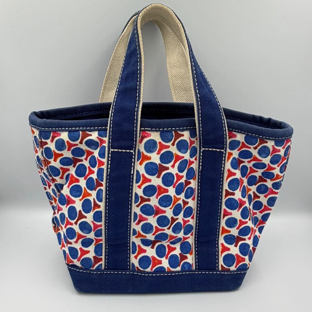 Lands End Canvas Tote Bag Small Zip Top Blue Red Geometric Polka Dot Preppy - Picture 2 of 8